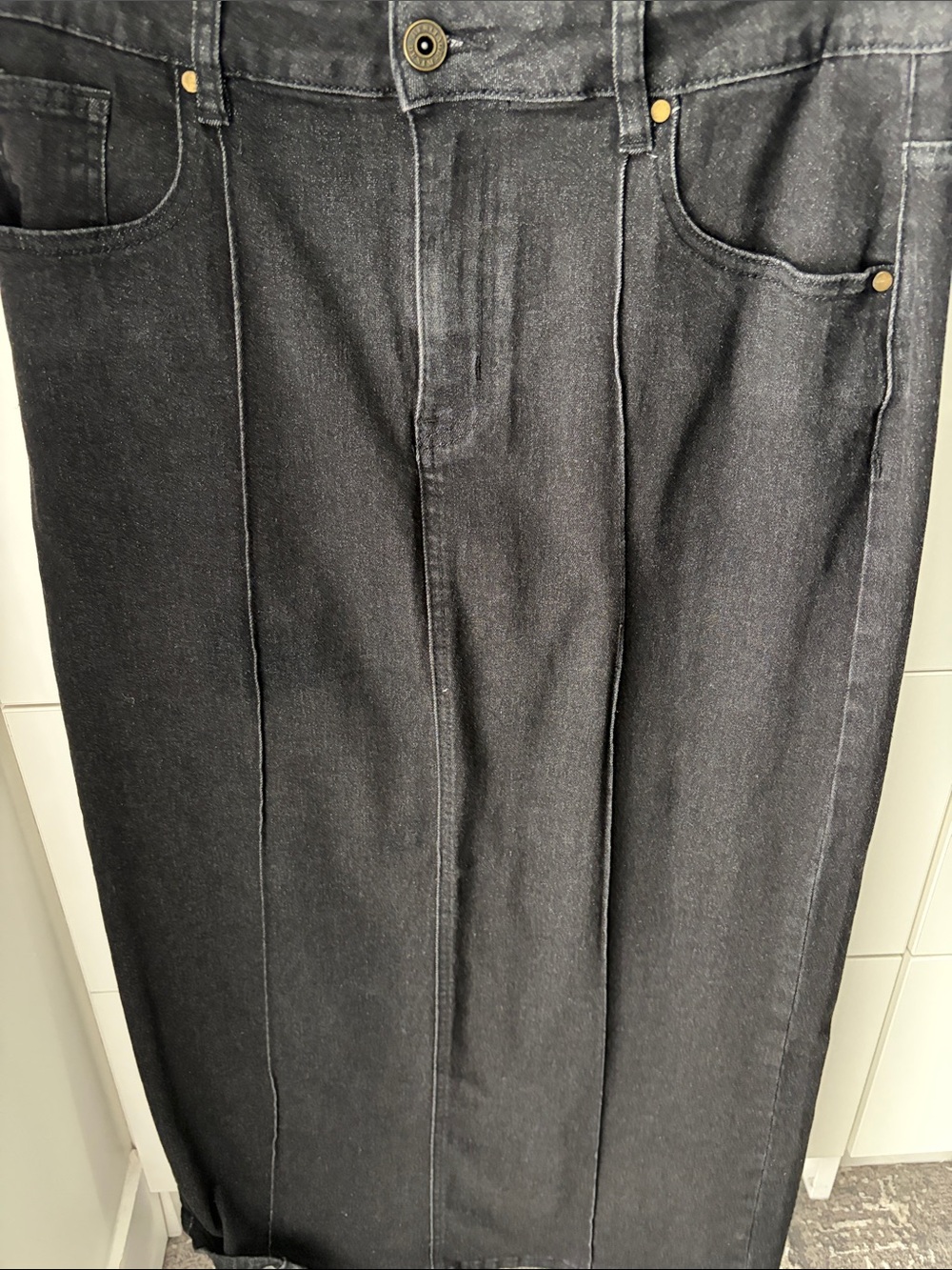 High-Rise Black Denim Maxi Skirt